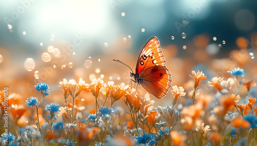 Orange Butterfly Among Bright Flowers in Warm Sunlight