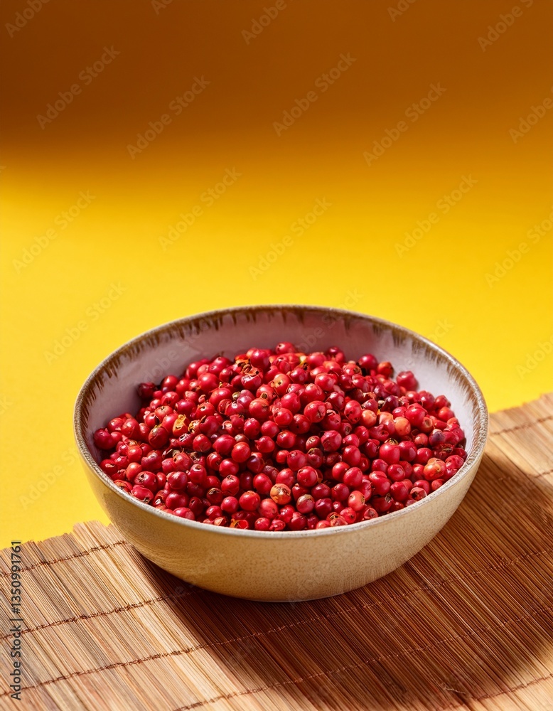 Red peppercorns in bowl on yellow background Red peppercorns in bowl on yellow background