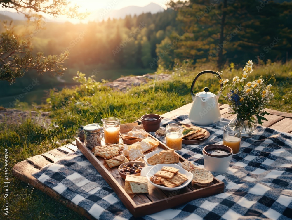 Fototapeta premium Scenic outdoor picnic with lightweight munchies on a blanket mountain view food photography natural setting serene atmosphere