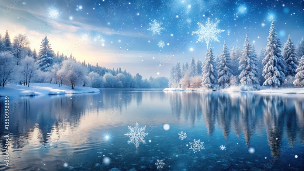 Fototapeta premium Snowflakes gently falling on a frozen lake, creating a serene and peaceful atmosphere