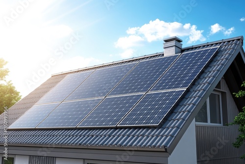 Wallpaper Mural Solar panels installed on a residential roof under a clear sky.  Modern home with eco-friendly energy solution Torontodigital.ca