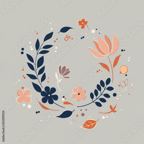 There Is A Circular Wreath Of Flowers And Leaves On A Gray Background