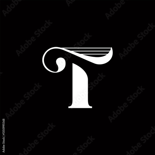 Decorative letter T with music instrument theme, hidden harp on top of bar