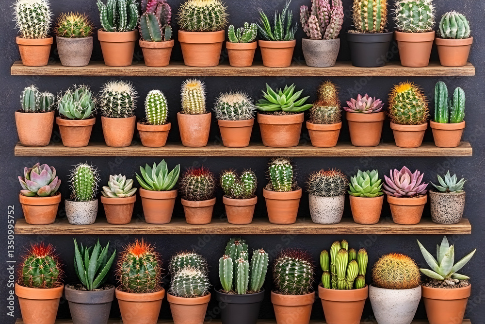 Diverse collection of succulents and cacti arranged on three wooden shelves against a dark background. Perfect for home decor, gardening, or botany themes. Diverse collection of succulents and cacti arranged on three wooden shelves against a dark background. Perfect for home decor, gardening, or botany themes.