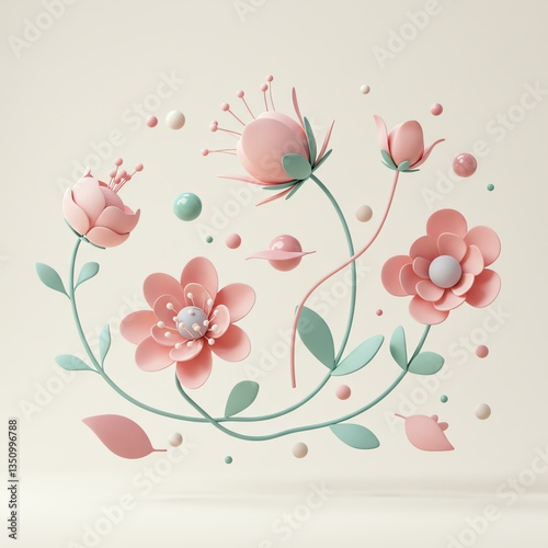Wallpaper Mural There Is A Pink Flower With Green Leaves And Dots In The Background Torontodigital.ca