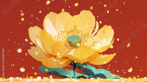 Golden Flower Blooming in a Red Background