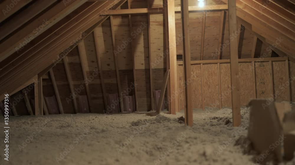 Close up view of attic insulation made of loose fill cellulose material in a residential home.