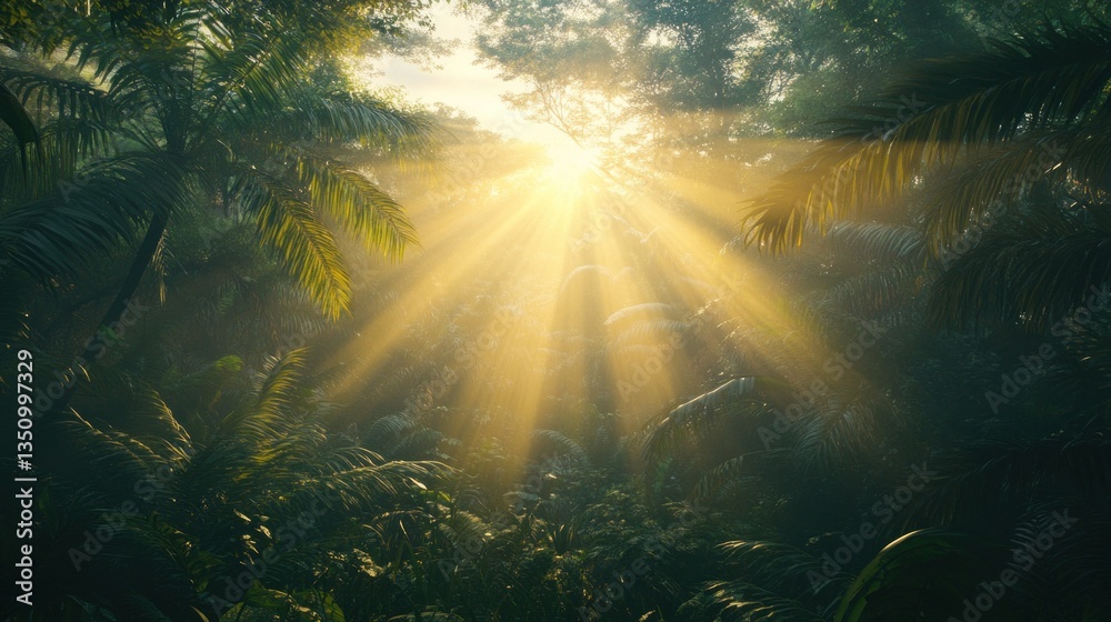 Fototapeta premium Sunbeams Illuminating Lush Tropical Rainforest