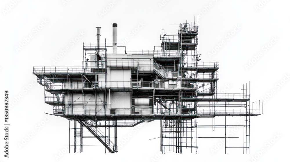 Obraz premium Abstract industrial platform structure, isolated on white background. Potential use for architecture, engineering, or design stock photos.
