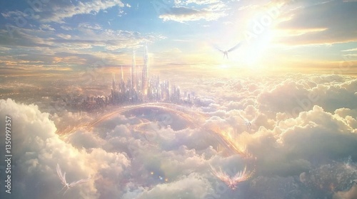 A majestic, futuristic city nestled amongst fluffy clouds, bathed in golden sunlight, with angelic figures soaring through the sky.