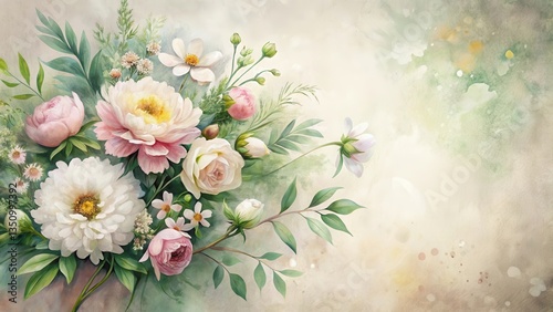 A Delicate Watercolor Bouquet Featuring Peonies, Roses, and Other Spring Blossoms on a Soft Textured Background