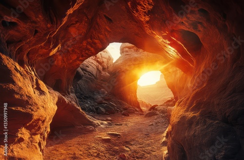 Desert cave sunset, sun rays through arch, adventure, travel photo