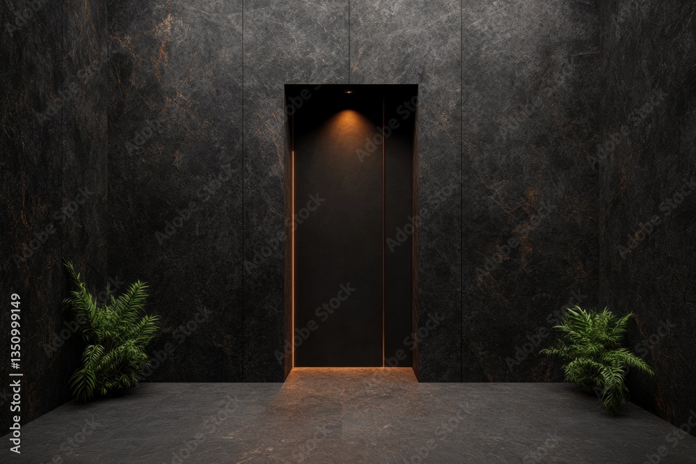 Dark Minimalist Portal Illuminated Architectural Doorway with Biophilic Accent Plants - Contemporary Design Exploring Spatial Transition and Emotional Liminal Experience Dark Minimalist Portal Illuminated Architectural Doorway with Biophilic Accent Plants - Contemporary Design Exploring Spatial Transition and Emotional Liminal Experience