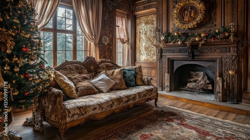 Elegant Christmas living room, antique sofa, fireplace, winter view
