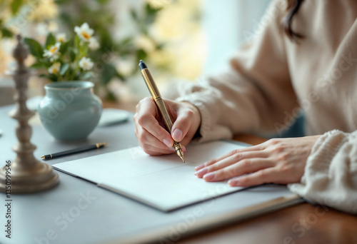Woman writing at a cafe table with coffee and flowers