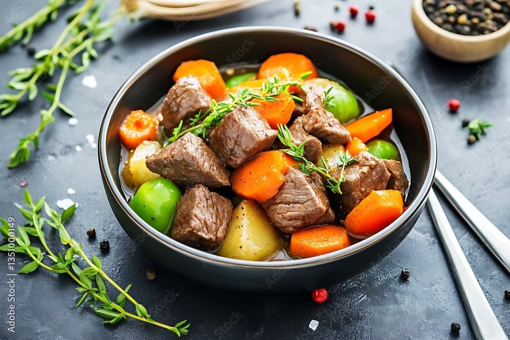 Hearty Beef Stew with Carrots, Potatoes, and Thyme in Dark Bowl Hearty Beef Stew with Carrots, Potatoes, and Thyme in Dark Bowl
