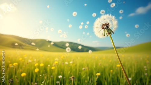 
A vibrant field of yellow wildflowers swaying under a golden sunset with floating pollen particles creating a dreamy, magical atmosphere against rolling green hills and a clear blue sky.