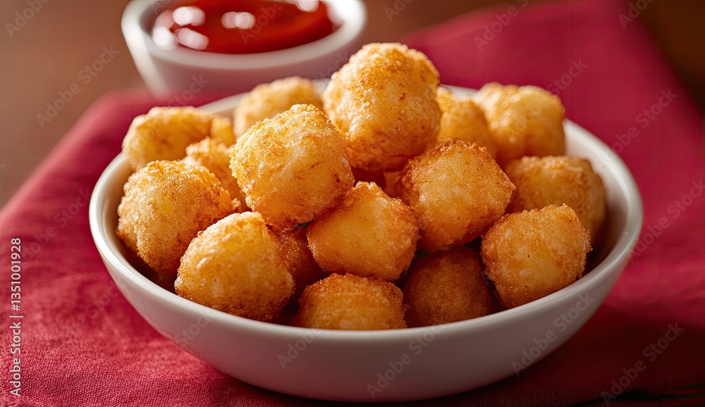 Crispy, golden-brown, bite-sized, potato-based snacks in a bowl, alongside a small bowl of ketchup Crispy, golden-brown, bite-sized, potato-based snacks in a bowl, alongside a small bowl of ketchup