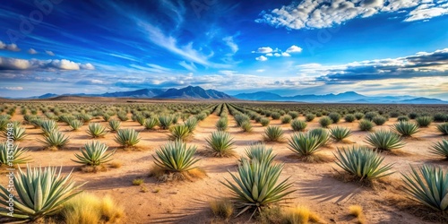 Desert landscape with agave plants spread out in a vast, open field under a clear blue sky with a few wispy clouds, creating a sense of depth and distance , arid land, cactus