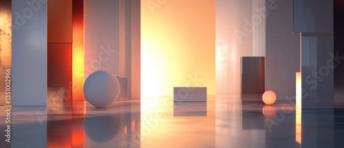 Abstract composition featuring geometric shapes and modern design elements with soft lighting and vibrant color gradients in a minimalist setting