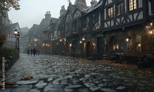 Rainy Cobblestone Street Historic Buildings Scene
