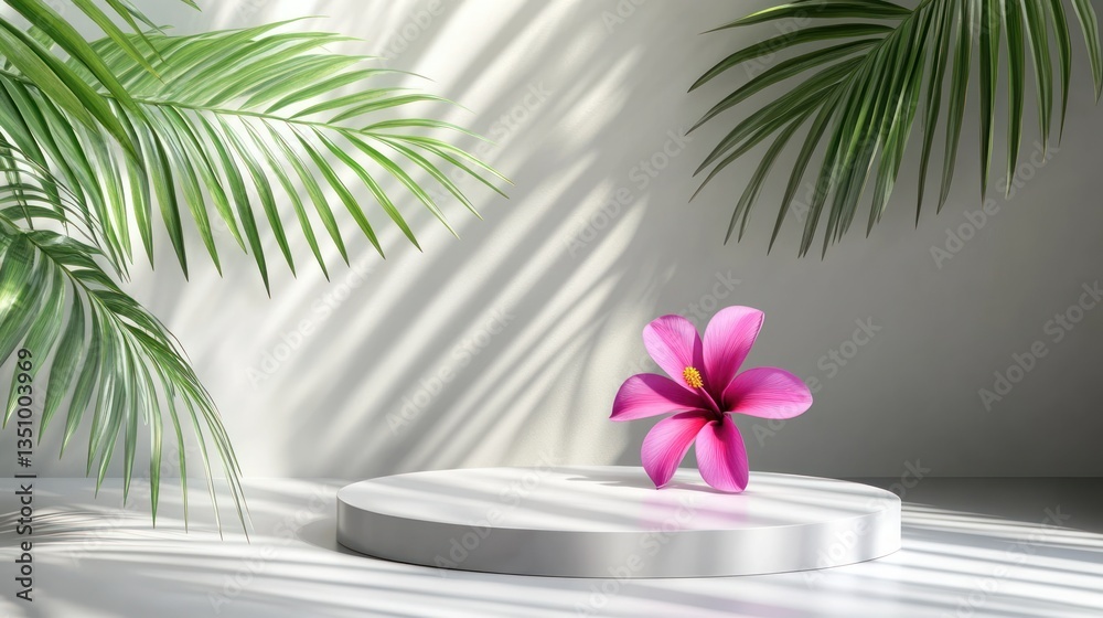Minimalist floral display podium, tropical leaves, sunlight Minimalist floral display podium, tropical leaves, sunlight