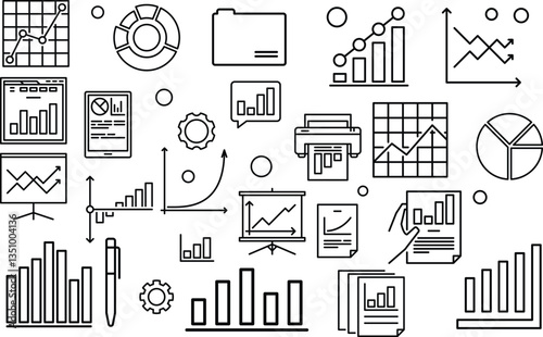 Data analysis set of web icons inline style, Graphs, traffic analysis, data processing, research network collection, statistics, analytics, and performance.