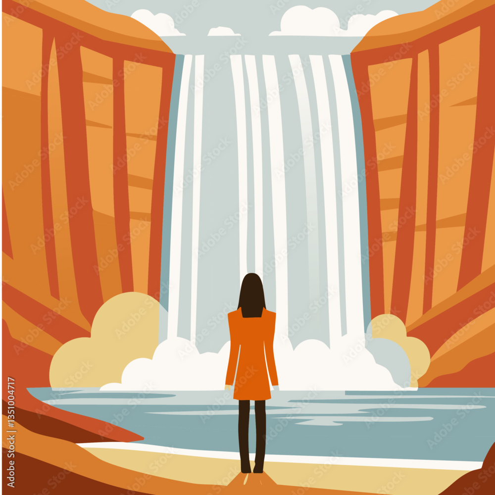 Obraz premium Wonder in the Face of Nature: An illustration shows a lone person, standing before a majestic waterfall cascading between towering canyon walls, contemplating the grandeur of the natural world.