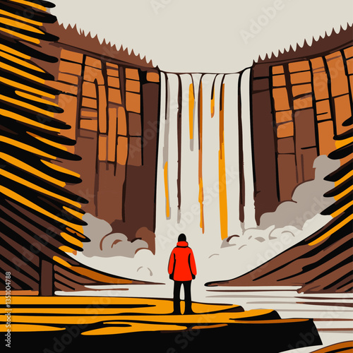 Contemplation at the Falls: A lone figure stands before a majestic waterfall, immersed in nature's grandeur and the quiet awe of the landscape.