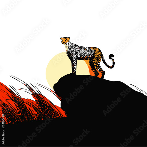 Cheetah on the Horizon: A majestic cheetah surveys its domain from a rocky outcrop at sunset. Its powerful silhouette against the vibrant sky.