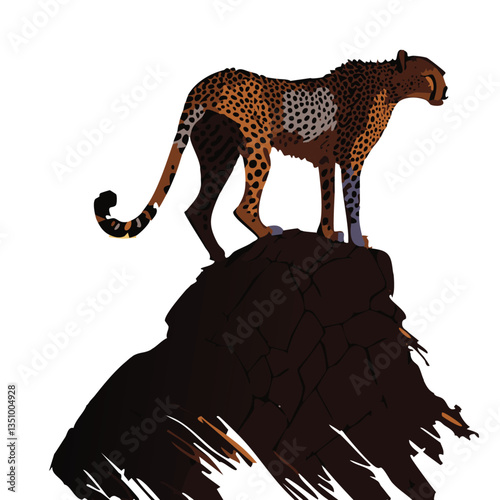 Cheetah on the Lookout: A majestic cheetah, adorned with its signature spots and sleek physique, perched atop a rocky prominence, surveying its domain.