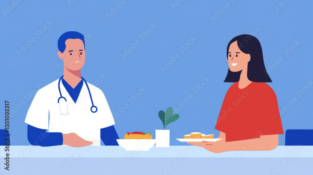 A hospital cafeteria scene with staff and patients enjoying meals together in a high-fidelity image. A hospital cafeteria scene with staff and patients enjoying meals together in a high-fidelity image.