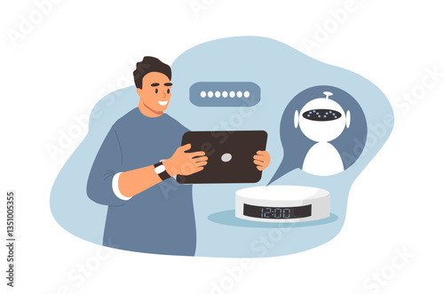 vector illustration in a flat style a girl communicates with an electronic assistant bot