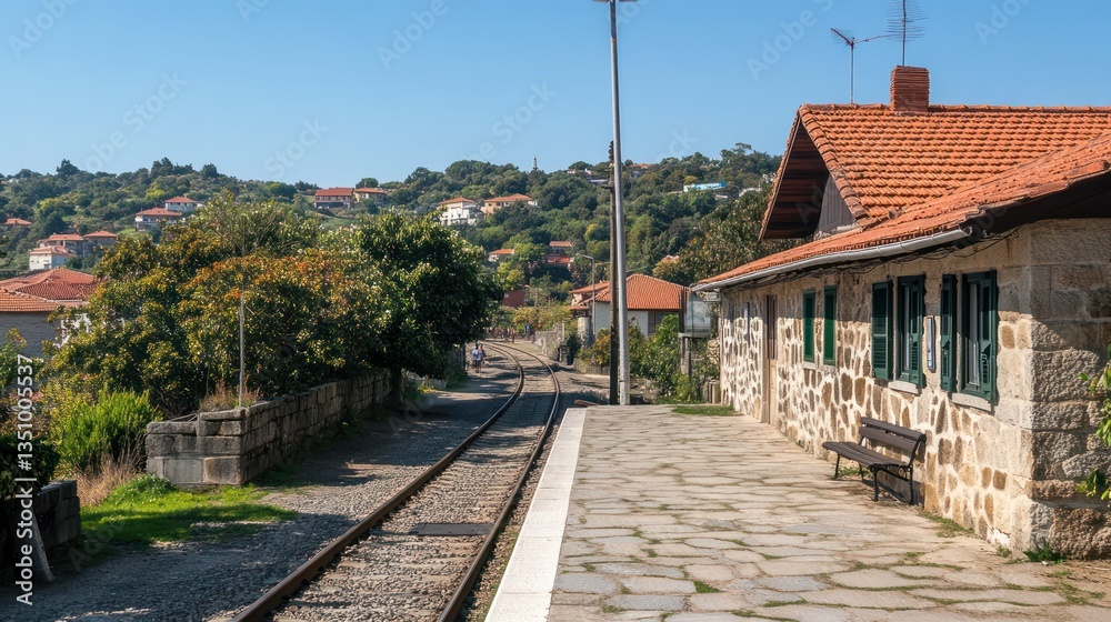 Rural train station platform, hillside village background, sunny day, travel Rural train station platform, hillside village background, sunny day, travel