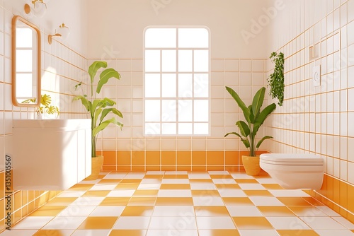 Bright, modern, orange bathroom with plant and window, sunlit, for lifestyle use