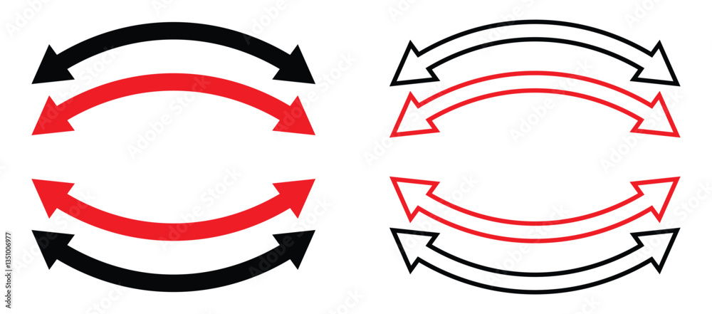 dual sided curve black and red arrow icon set. double headed semi circle arrow. semicircular curved thin long double ended arrow for app, ui, logo and web. vector illustration transparent background