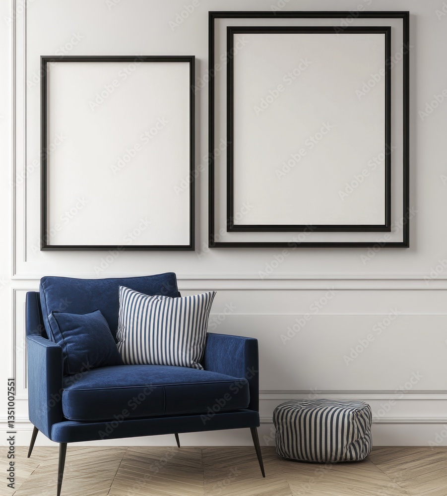 Blue velvet armchair with pillows and empty frames on white wall. Blue velvet armchair with pillows and empty frames on white wall.