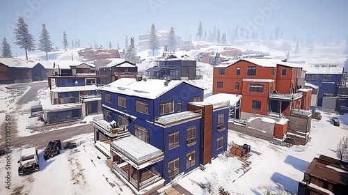 An overview showcasing a snowy town with various colorful buildings and structures