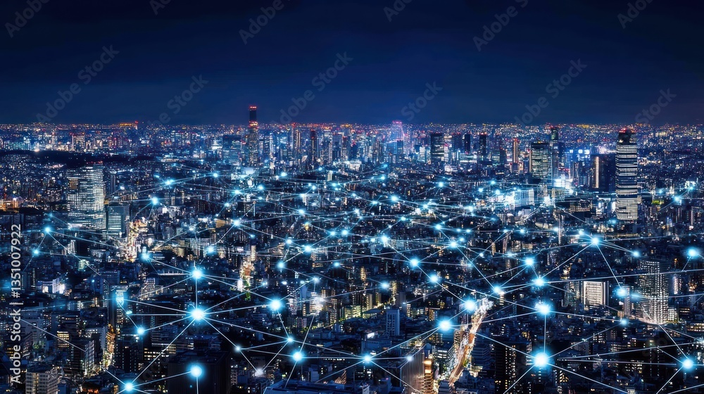 Night city, network connections, cityscape, data flow, technology, future, urban, aerial view, glowing, illustration Night city, network connections, cityscape, data flow, technology, future, urban, aerial view, glowing, illustration