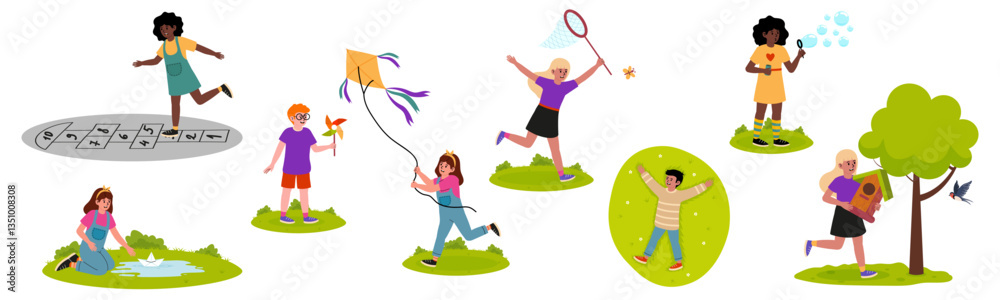 Children enjoying various outdoor activities in a playful park setting during a sunny day Children enjoying various outdoor activities in a playful park setting during a sunny day