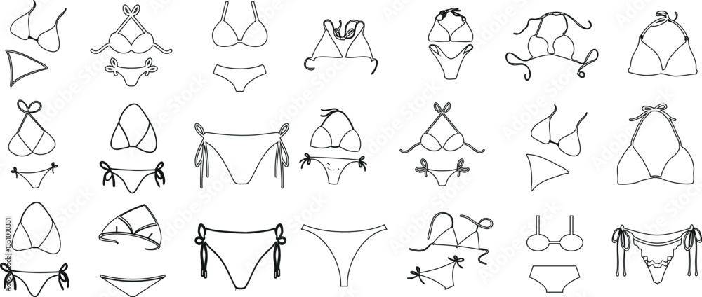 Fototapeta premium Bikini set vector illustration featuring various swimwear designs in black outline. Perfect for fashion, summer, beach, and swimwear concepts. Ideal for digital design, branding, and apparel industry