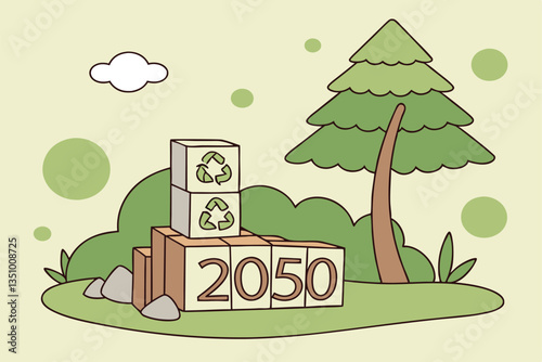 71 Miniature green trees, wooden blocks with eco symbols, 2050 year marker, sustainable future concept, environmental conservation, green energy icons, macro photography, soft focus background, bokeh 