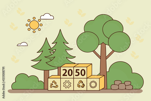 71 Miniature green trees, wooden blocks with eco symbols, 2050 year marker, sustainable future concept, environmental conservation, green energy icons, macro photography, soft focus background, bokeh 
