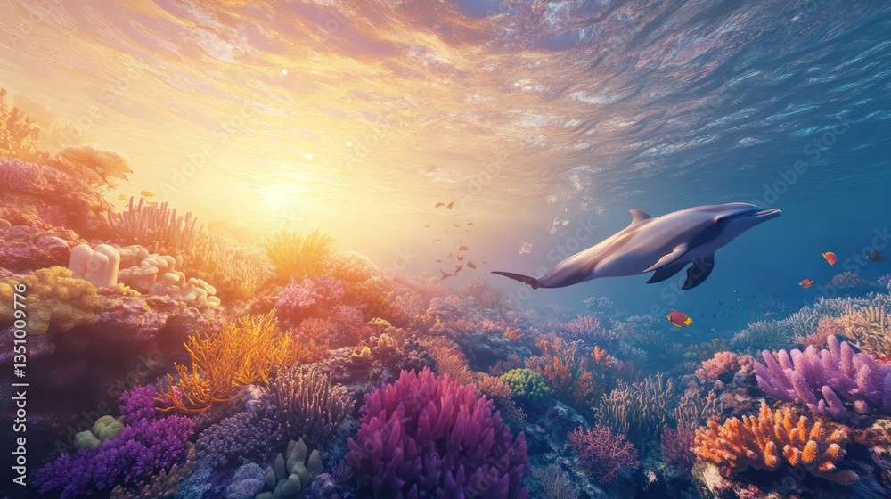 Fototapeta premium Dolphin swimming over vibrant coral reef at sunset; underwater paradise