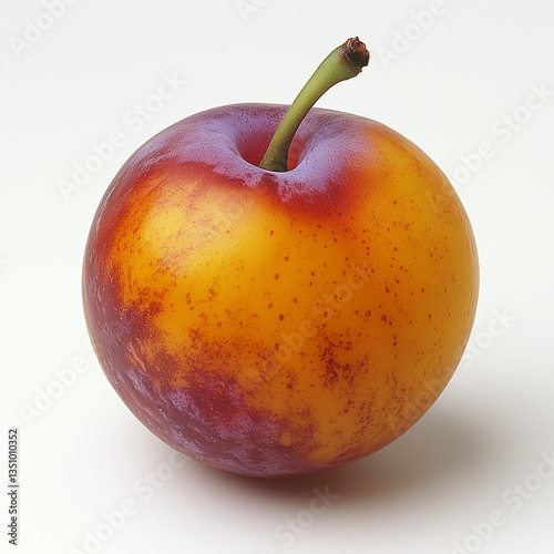 A detailed close-up image of a Mirabelle plum on a white background, capturing its vibrant colors.