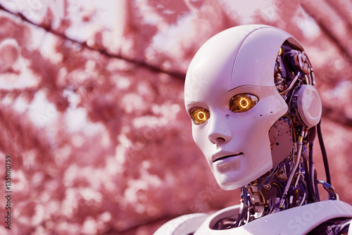 Tinted portrait of a robot woman in spring.