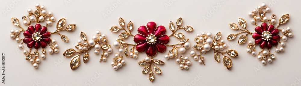 Elegant bridal bindi set with intricate gold detailing, red floral accents, and pearl embellishments for luxurious look Elegant bridal bindi set with intricate gold detailing, red floral accents, and pearl embellishments for luxurious look