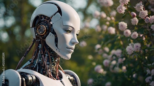 Abstract portrait of a robot in spring nature.