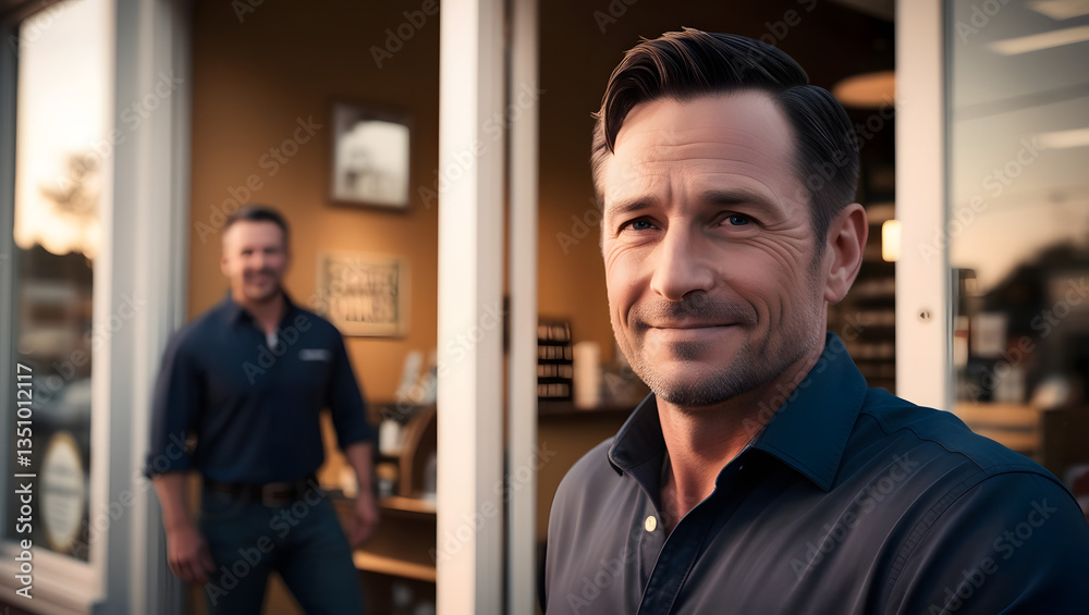 close up Small business owner at entrance looking at camera close up Small business owner at entrance looking at camera