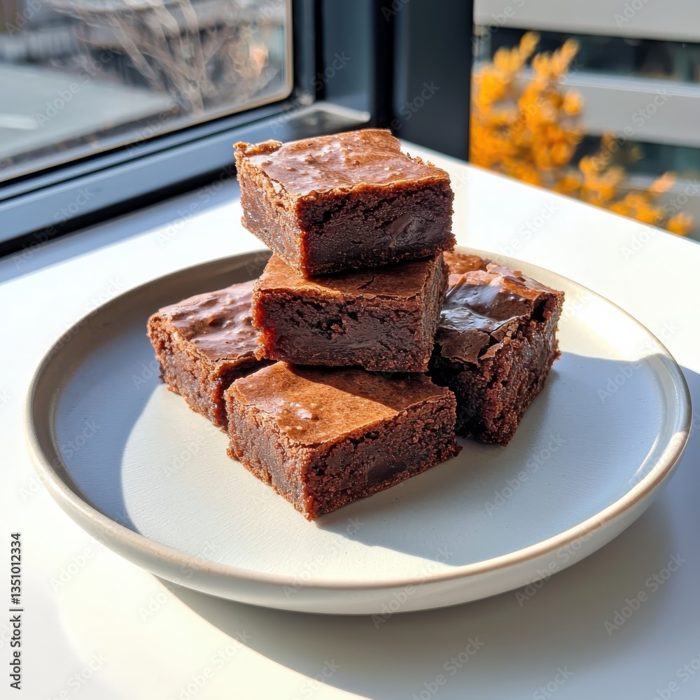 Deliciously dollsized brownies on a delicate plate in natural light indoor setting food photography Deliciously dollsized brownies on a delicate plate in natural light indoor setting food photography